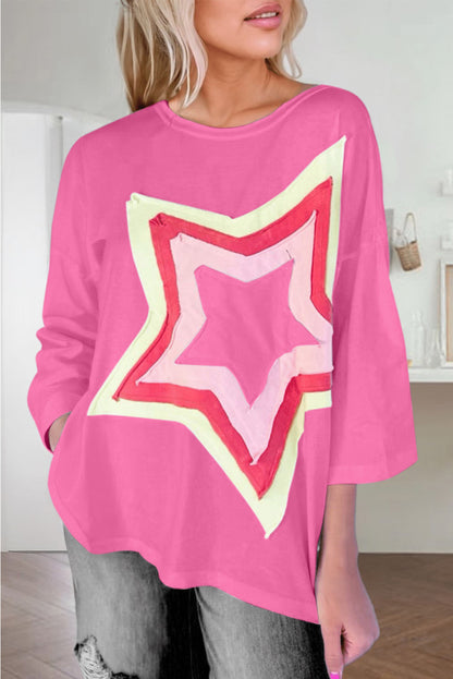 White Colorblock Star Patched Half Sleeve Oversized Tee