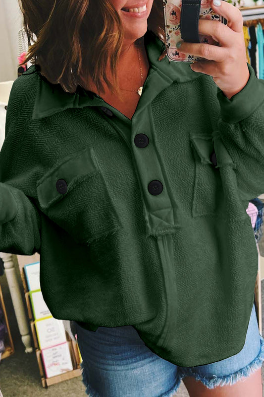 Blackish Green Plus Size Long Sleeve Flap Pocket Henley Top