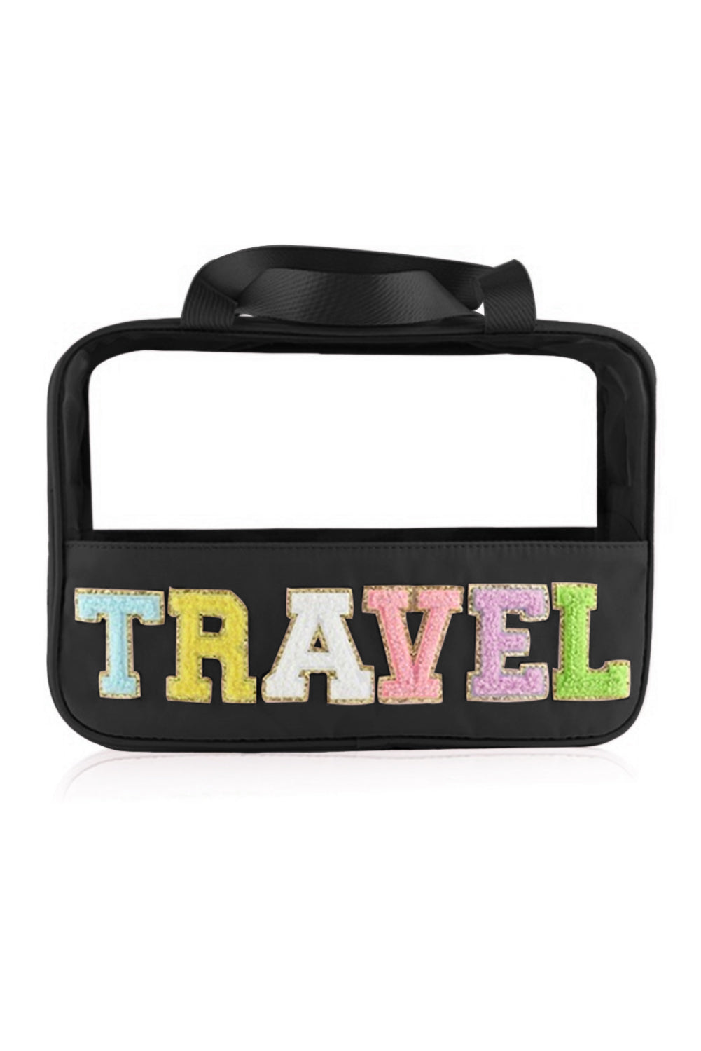 Bolsa de maquillaje de PVC transparente con letras de chenilla de TRAVEL negra