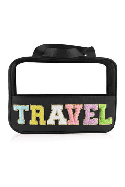 Bolsa de maquillaje de PVC transparente con letras de chenilla de TRAVEL negra