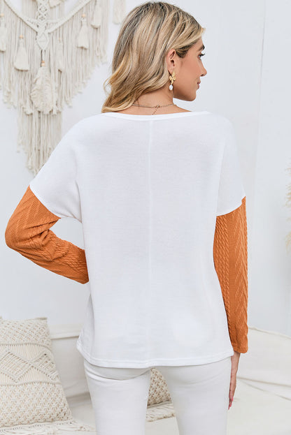 Long Sleeve Colorblock Chest Pocket Textured Knit Top