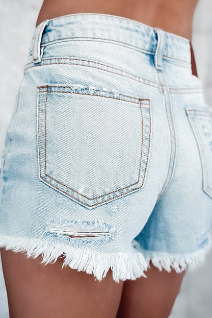 Light Blue Distressed Ripped Raw Hem High Waist Denim Shorts