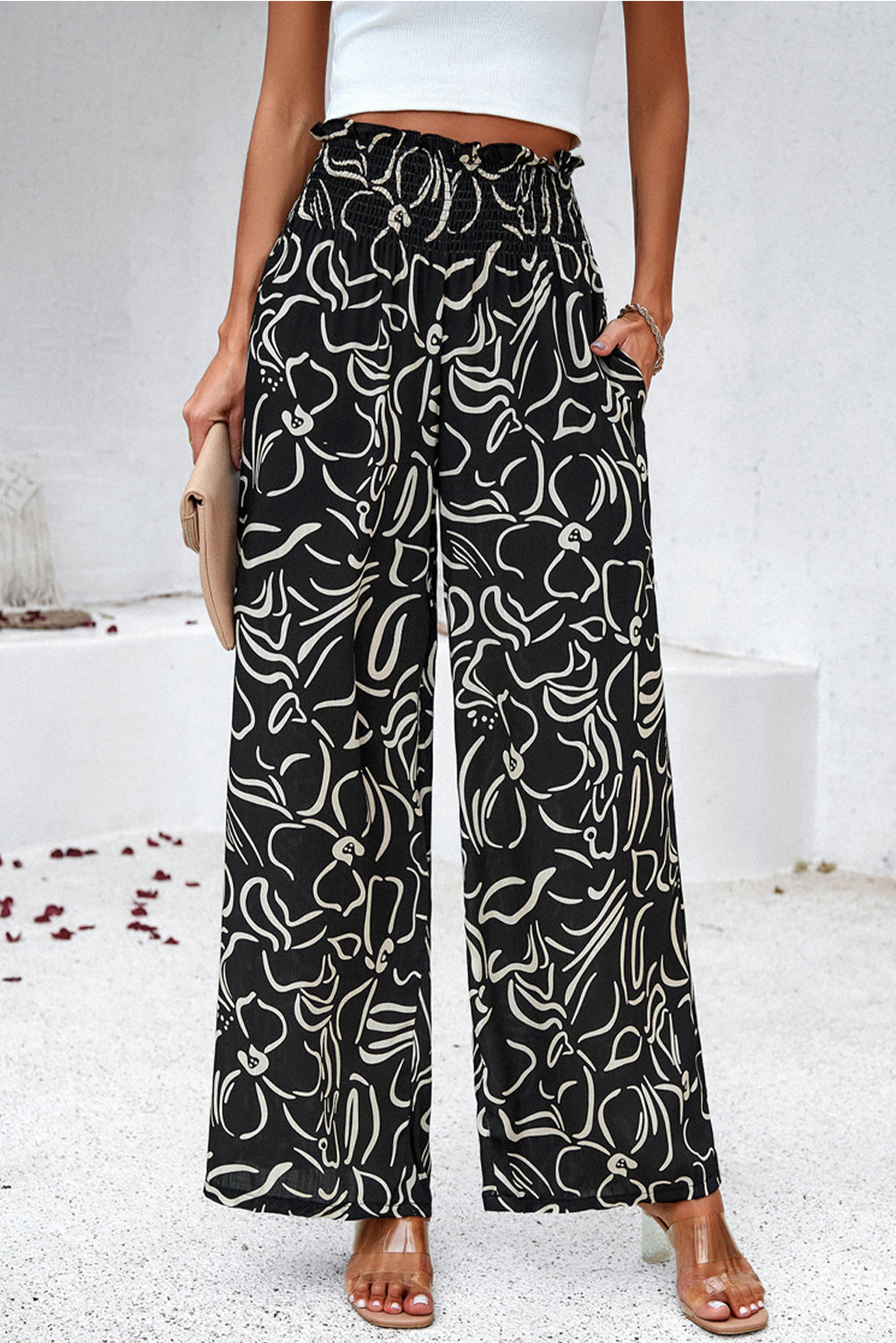 Black Boho Floral Print Elastic Waist Frill Pants