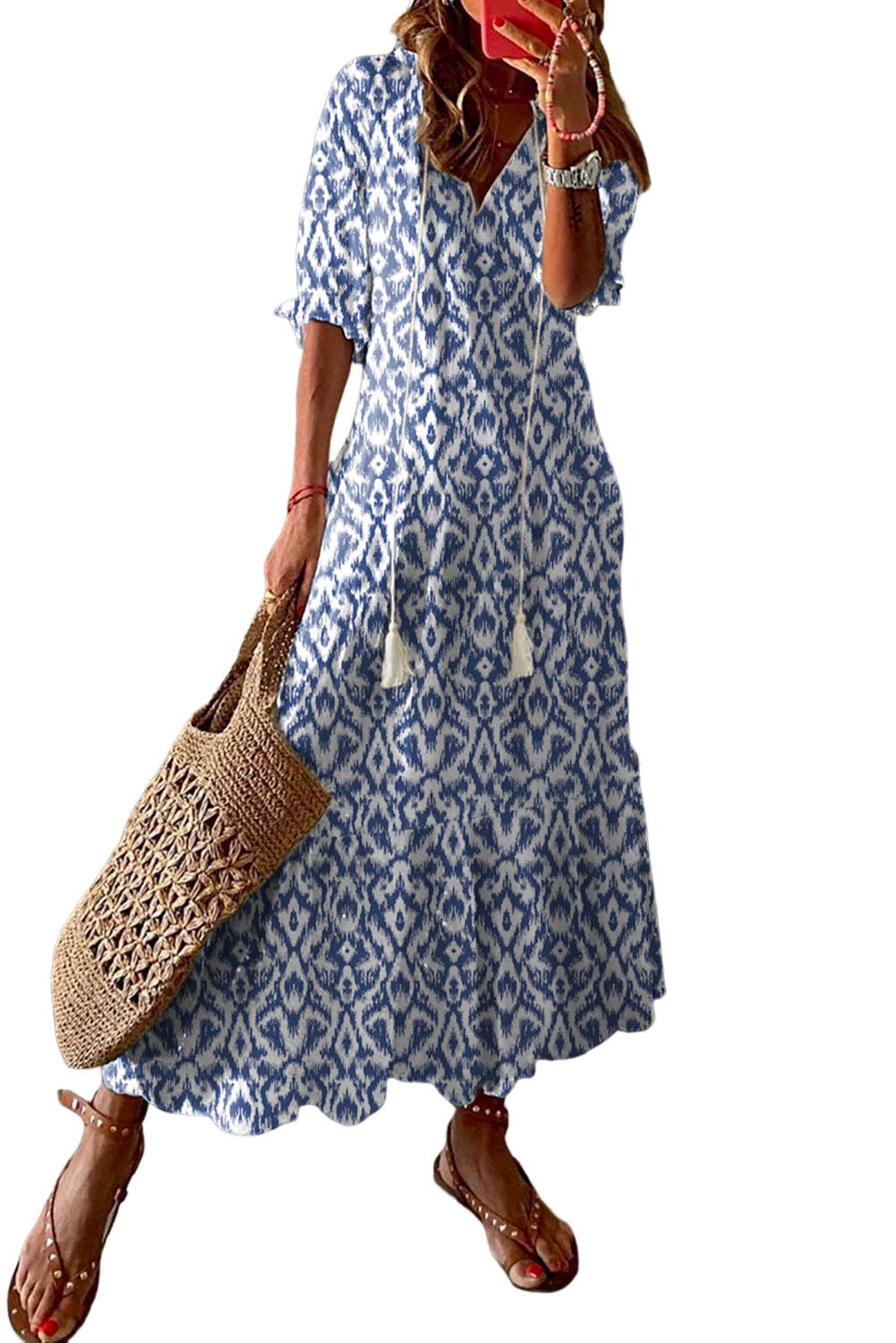 Sky Blue Geometric Print Casual V Neck Maxi Dress