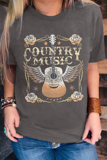 Camiseta gris con cuello redondo y estampado gráfico de guitarra COUNTRY MUSIC