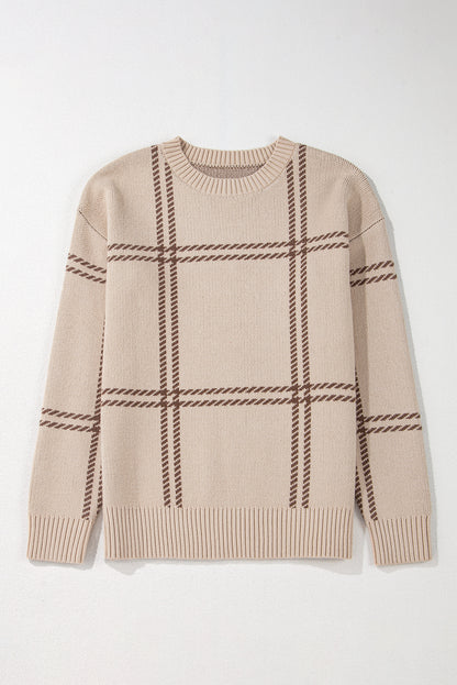 Khaki Plaid Pattern Knitted Drop Shoulder Sweater