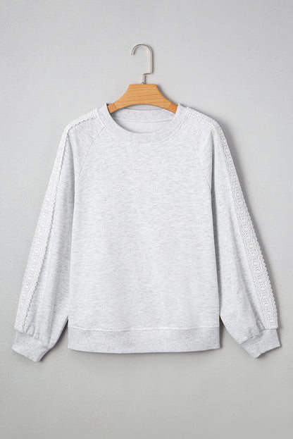 Light Grey Lace Patchwork Raglan Sleeve Crew Neck Sweatshirt