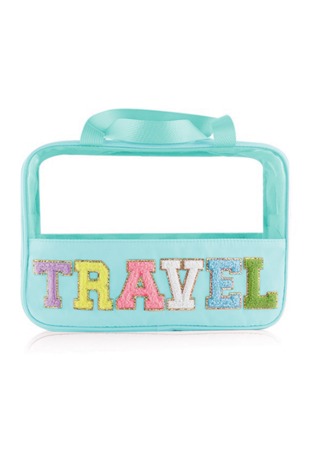 Bolsa de maquillaje de PVC transparente con letras de chenilla de TRAVEL negra