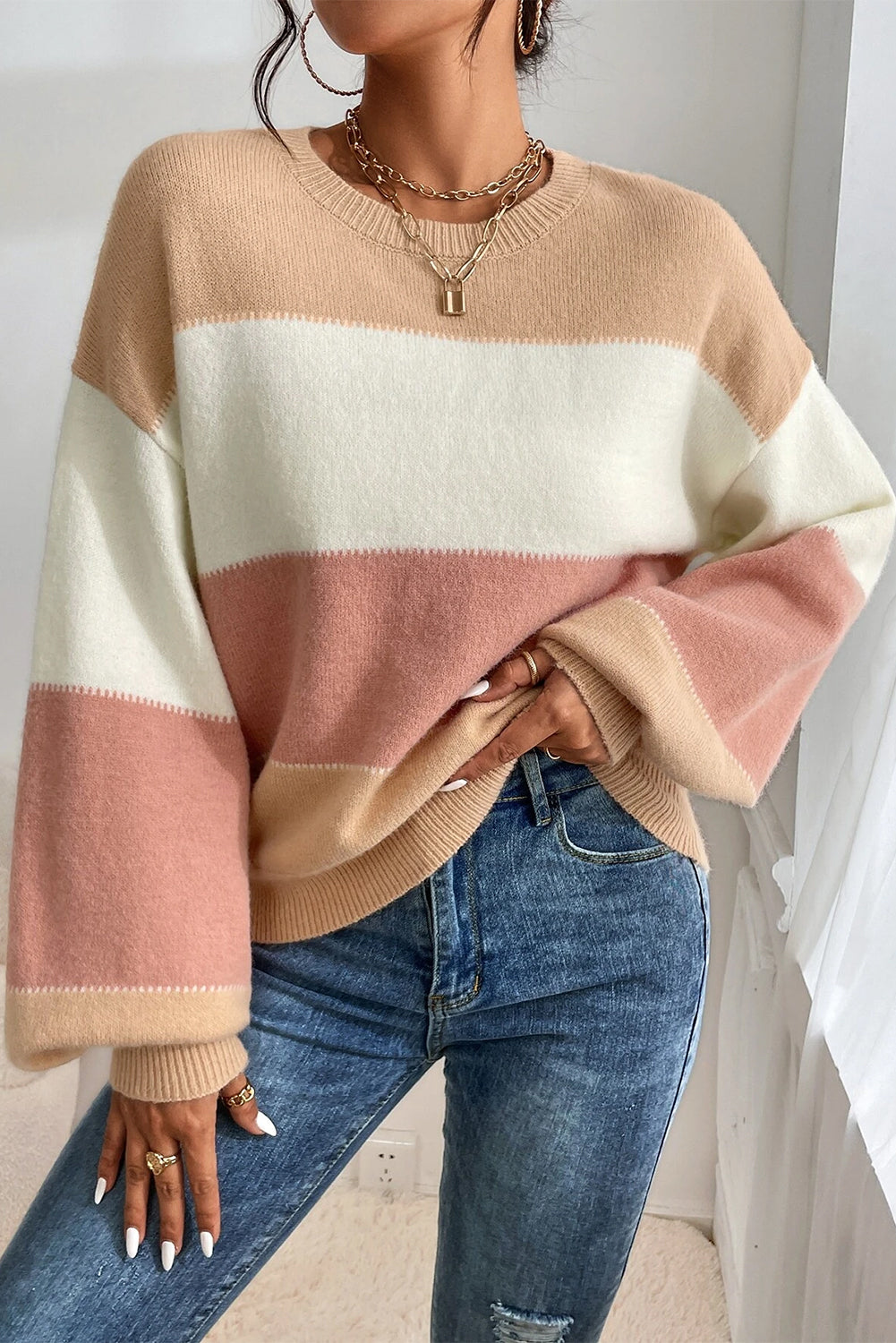 Dusty Pink Color Block Drop Shoulder Sweater