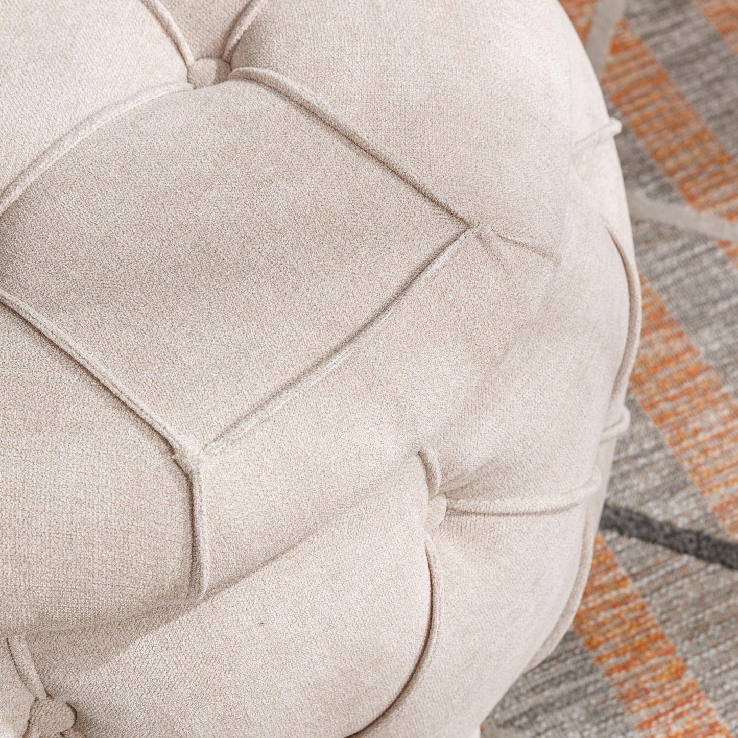 Beige Large Button Tufted Woven Round Storage Footstool