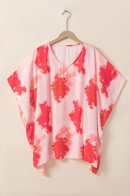 Red Plus Size Tie-dye Print 3/4 Sleeve Tunic Top