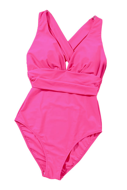 Monokini de corte alto fruncido sin espalda cruzado con cuello en V profundo rosa rojo