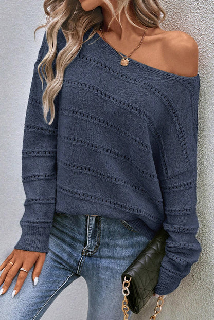 Boat Neck Drop Shoulder Pointelle Knit Sweater