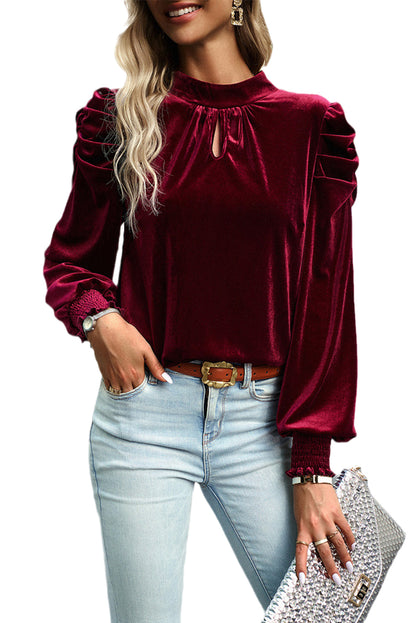 Red Mock Keyhole Neck Puff Sleeve Velvet Blouse