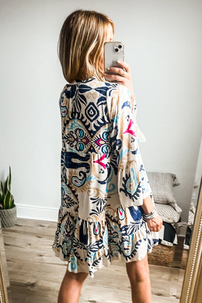 White Ethnic Print Boho Button Tiered Mini Dress