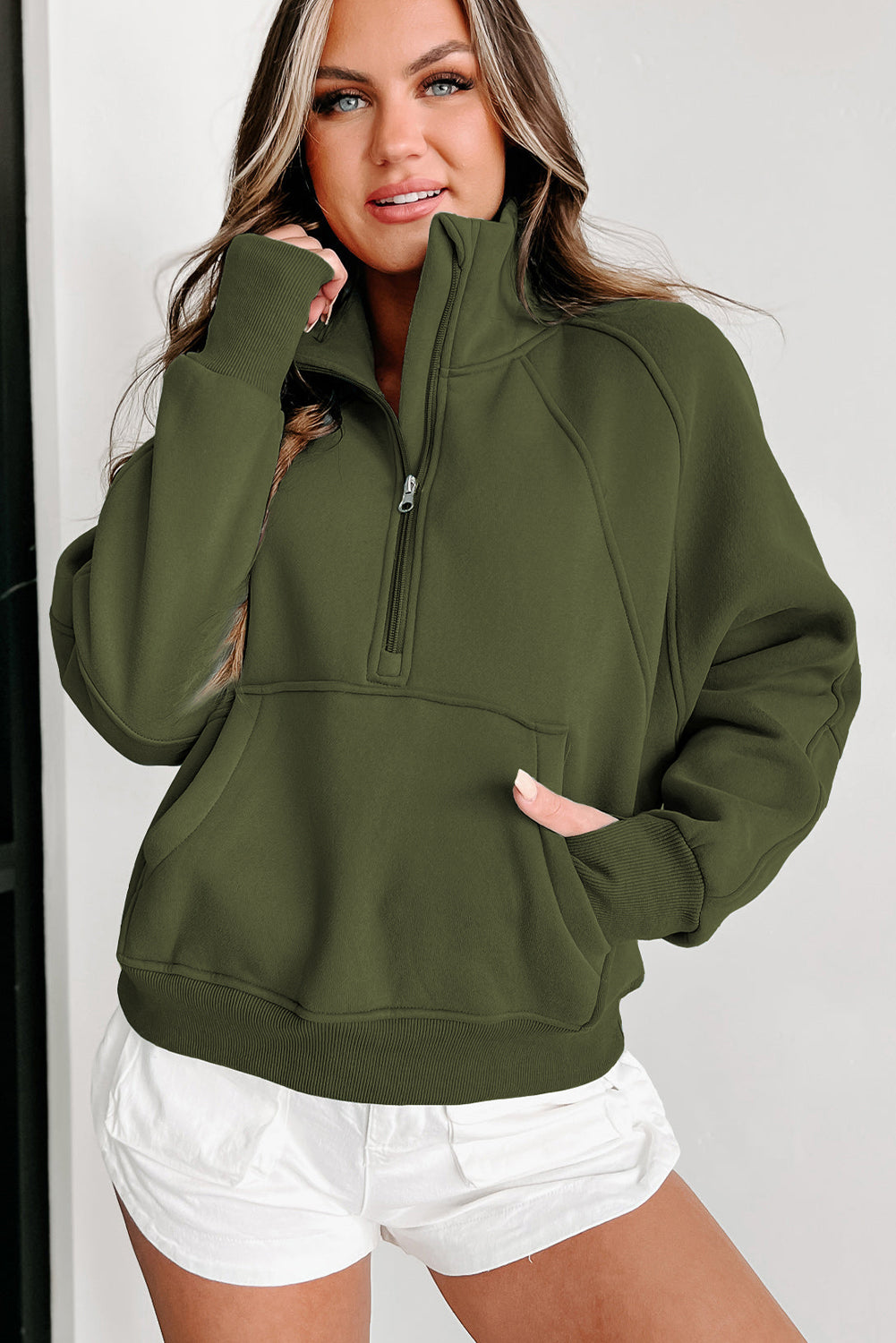 Zip Up Thumbhole Sleeve Sweatshirt