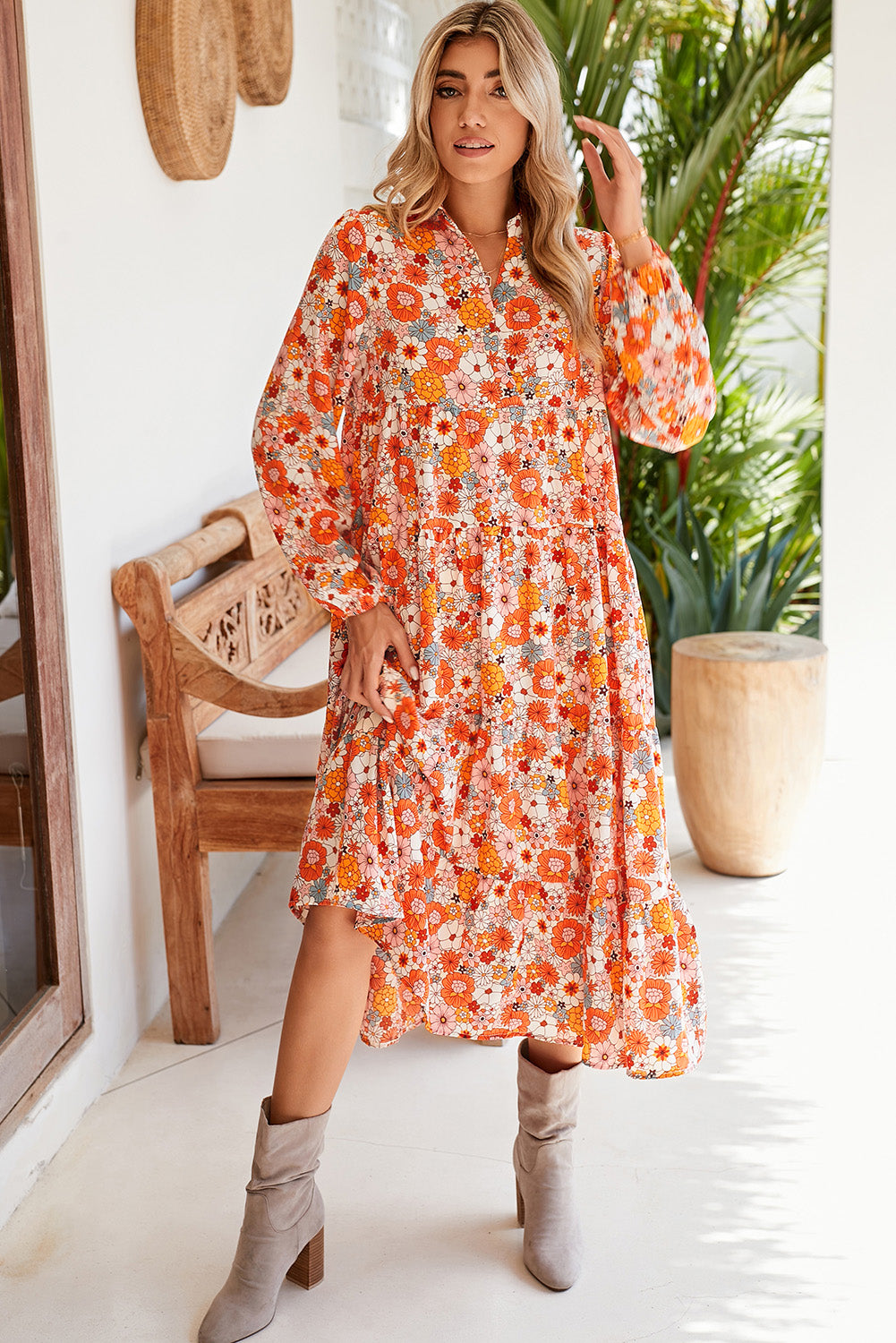 Vestido de manga larga con cuello floral bohemio multicolor