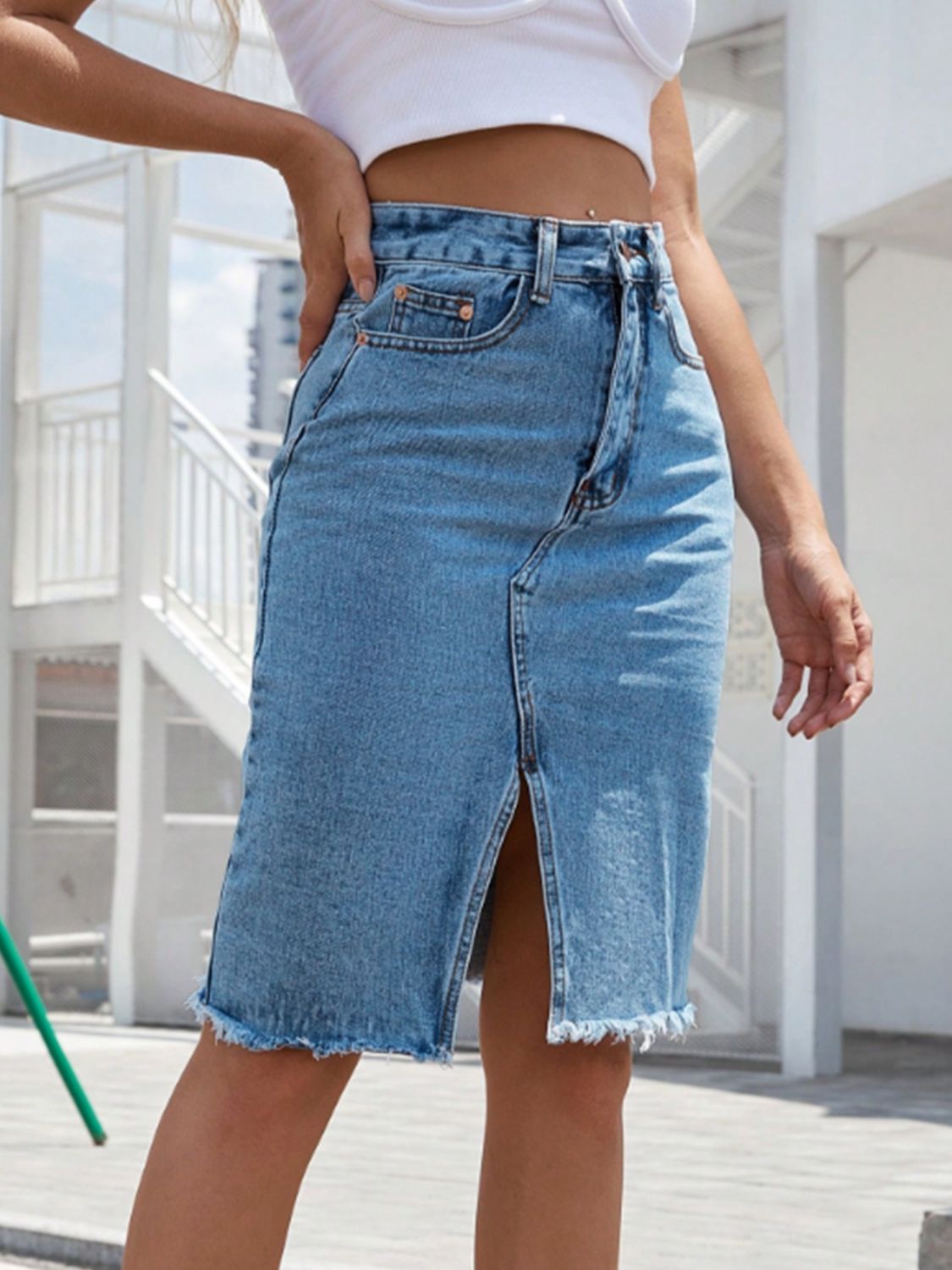 Raw Hem Slit Denim Skirt