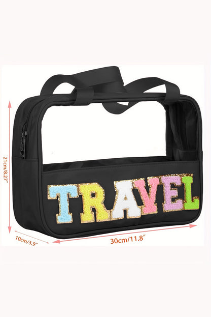 Bolsa de maquillaje de PVC transparente con letras de chenilla de TRAVEL negra