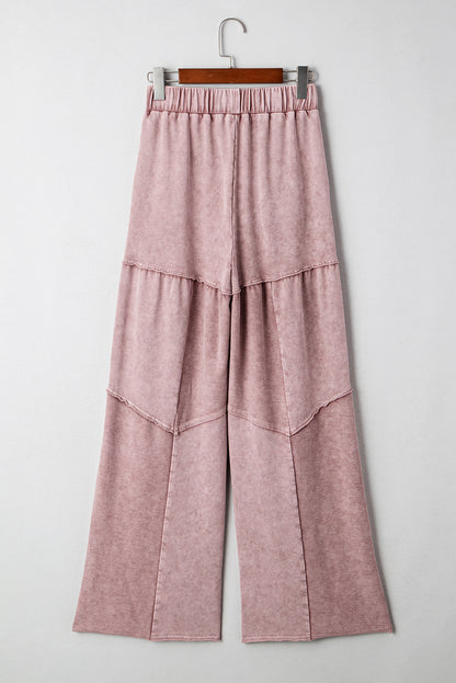 Straw Yellow Mineral Wash Tiered Wide Leg Patchwork Drawstring Pants