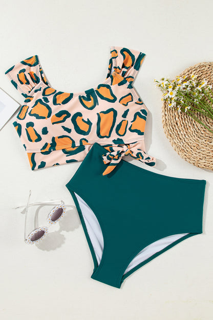 Green Leopard Print U Neck Knotted High Waist Bikini Set