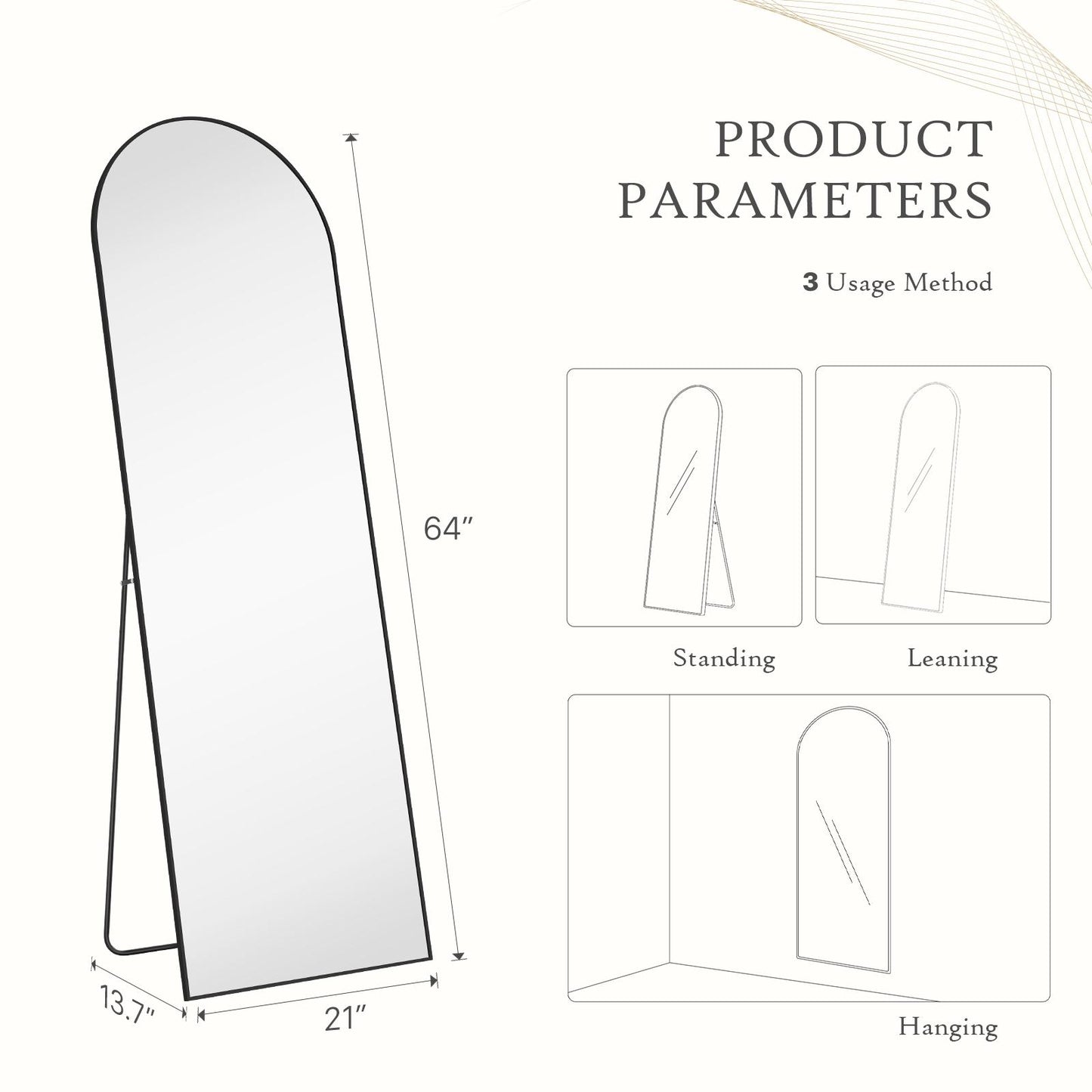 Black Arched Full Length Floor Mirror 21"x64"