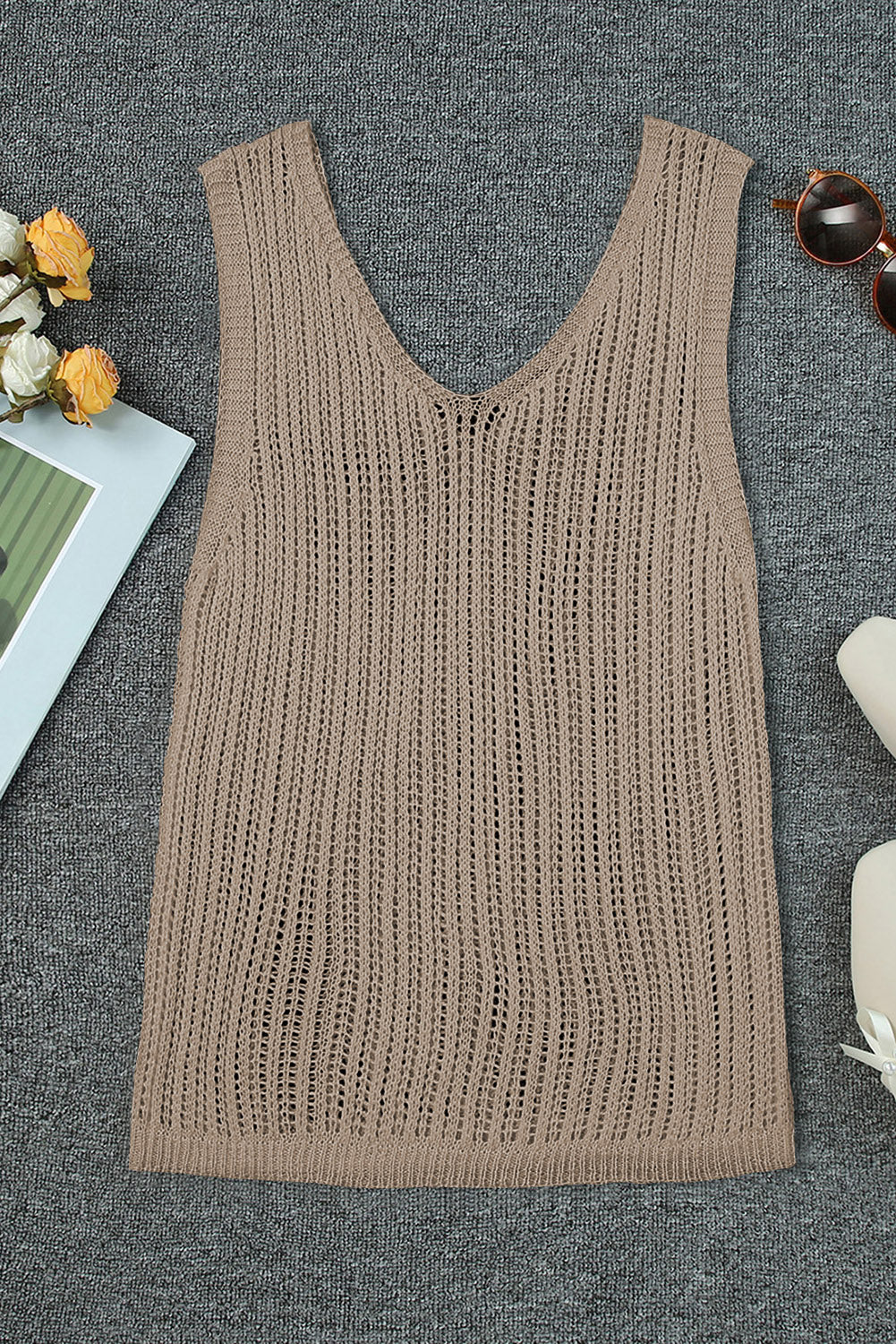 Khaki Hollowed Knit V Neck Tank Top