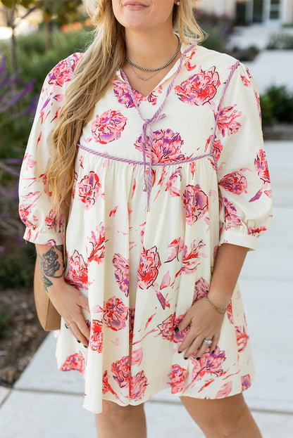 White Floral Print V Neck Plus Size Mini Dress