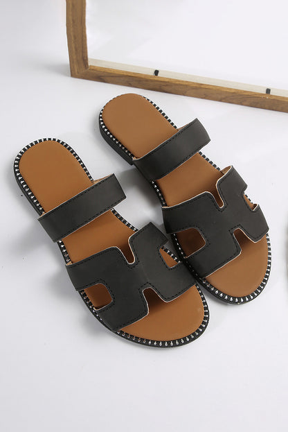 Black Leather H Band Flat Slippers