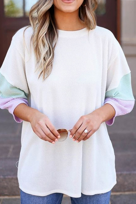 White Pit-striped Colorblock Drop Sleeve Top