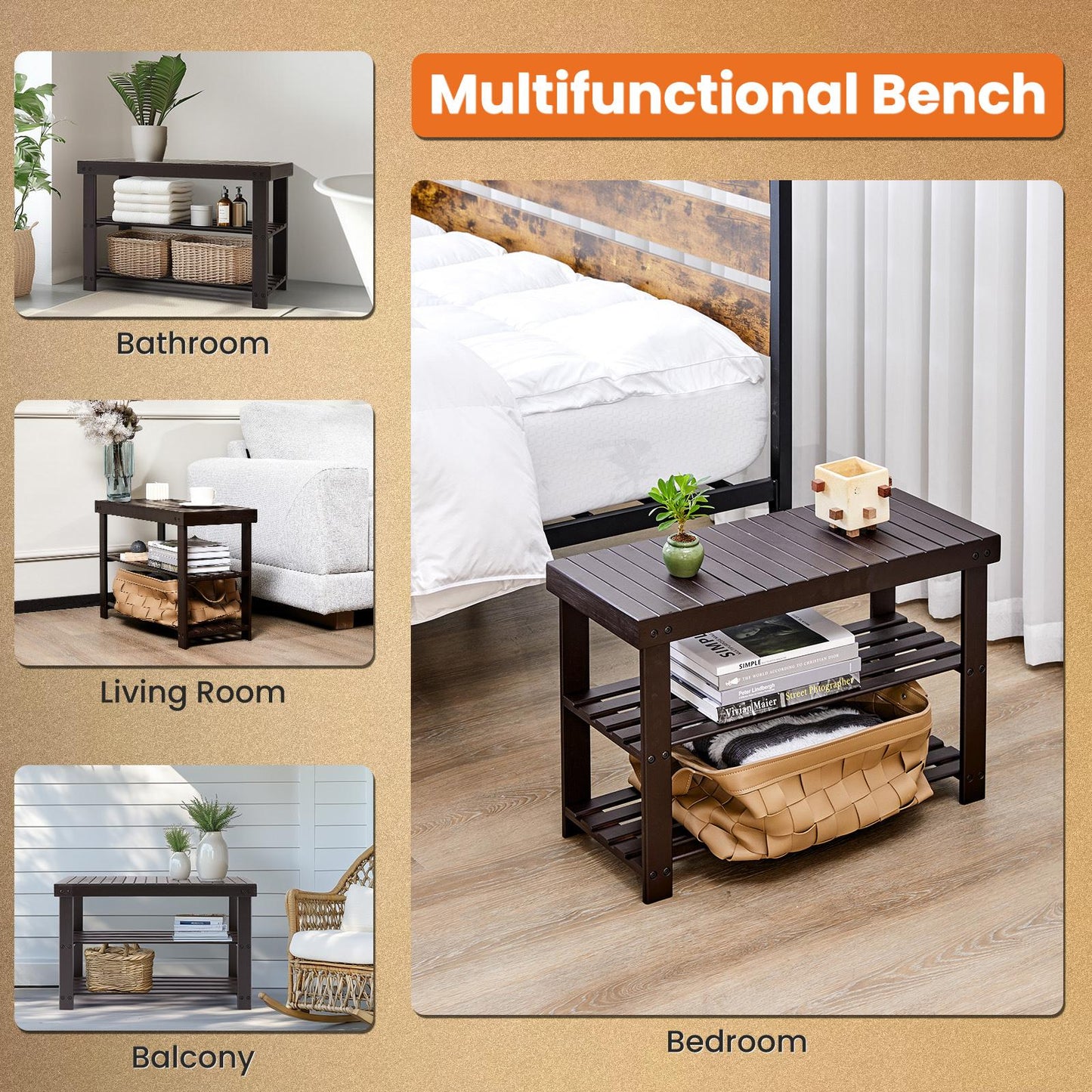 Brown 3-Tier Bamboo Shoe Rack Bench