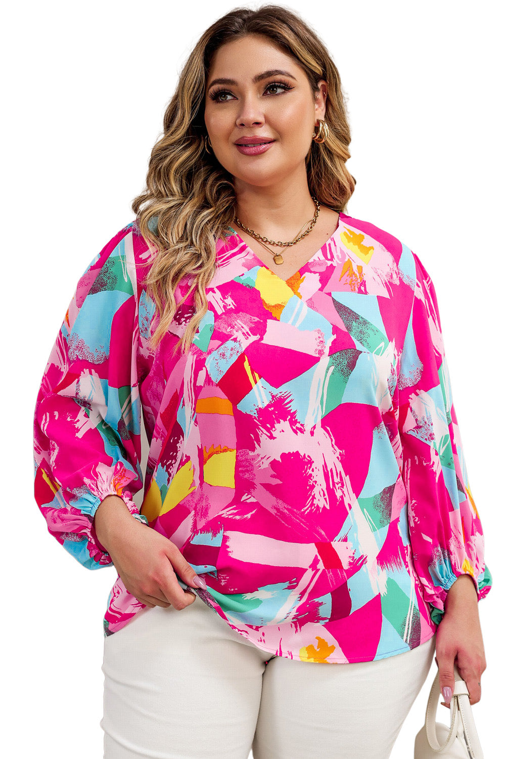 Blusa rosa con estampado de grafiti y manga abullonada con cuello dividido y talla grande