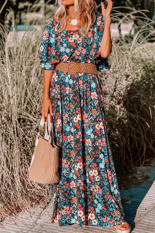 Vestido largo sin espalda anudado con estampado floral boho azul cielo