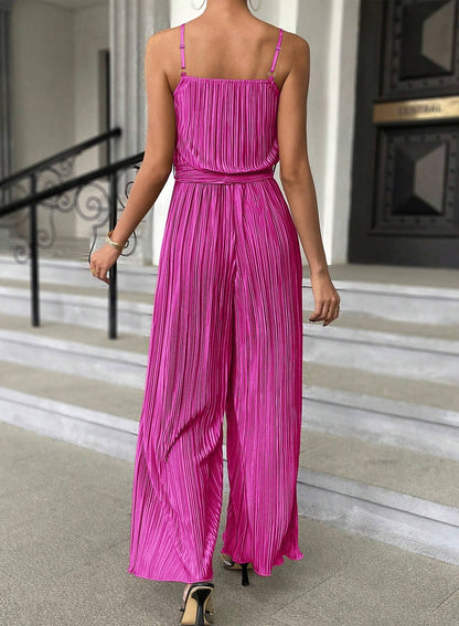 Bright Pink Belted Drape Pleated Wide Leg Jumpsuit