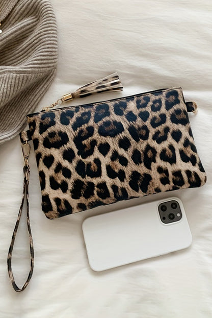 Cartera con cremallera y correa para la muñeca con estampado de leopardo castaño