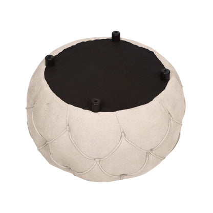 Beige Large Button Tufted Woven Round Storage Footstool