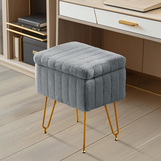 Grey Faux Fur Vanity Stool Chair w/ Storage