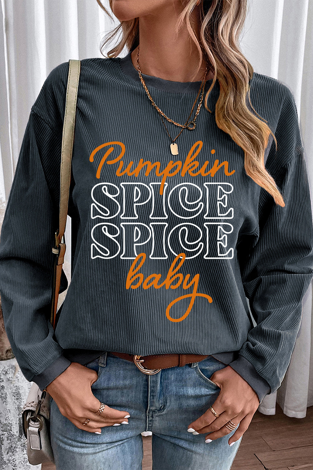 Dark Grey Thanksgiving Pumpkin Spice Baby Graphic Textured Sweatshirt