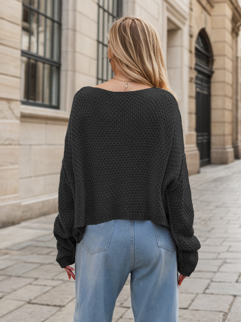 Round Neck Dropped Shoulder Long Sleeve Sweater