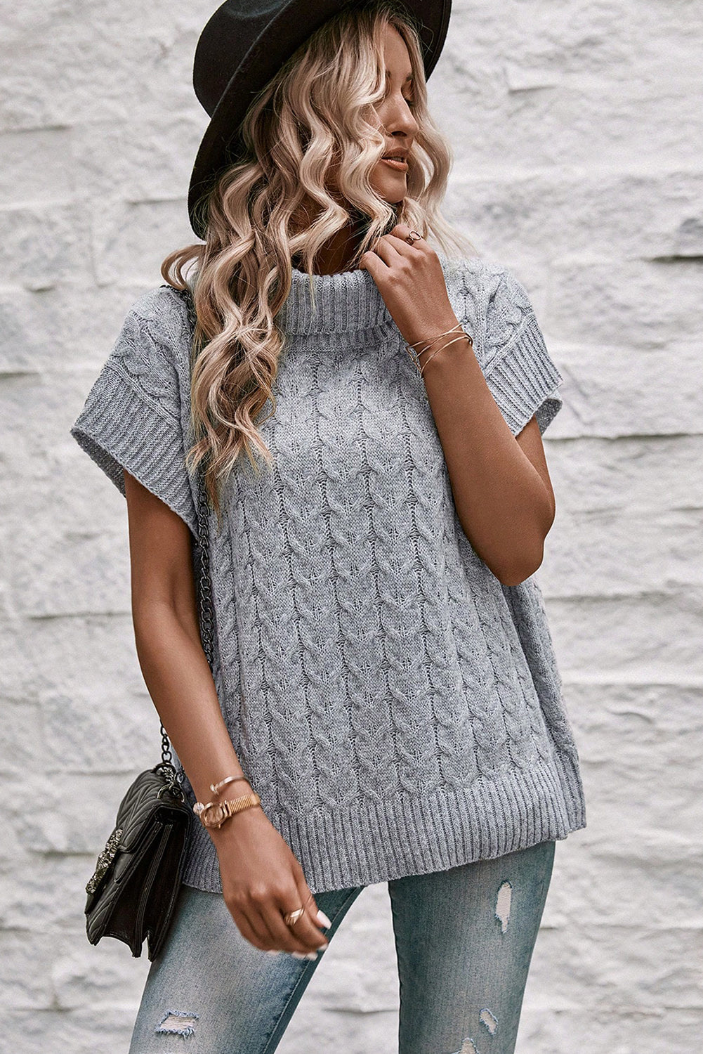 Light Beige Turtleneck Short Batwing Sleeve Cable Knit Sweater