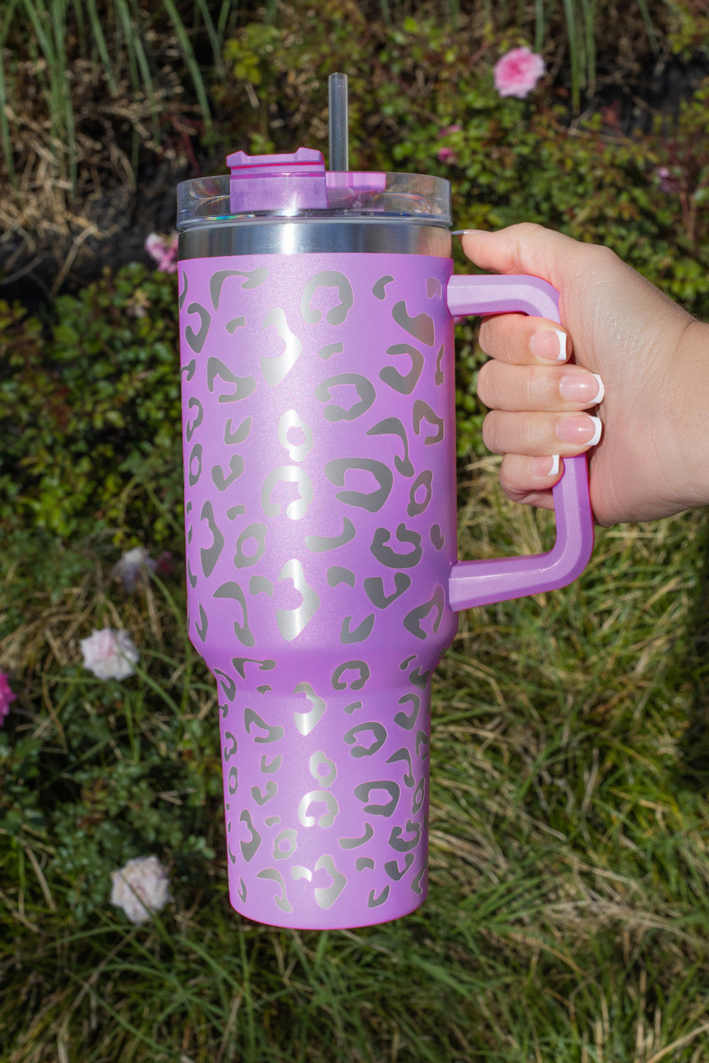 Taza de vaso con aislamiento doble, acero inoxidable, manchado de leopardo, rosa 304, con asa