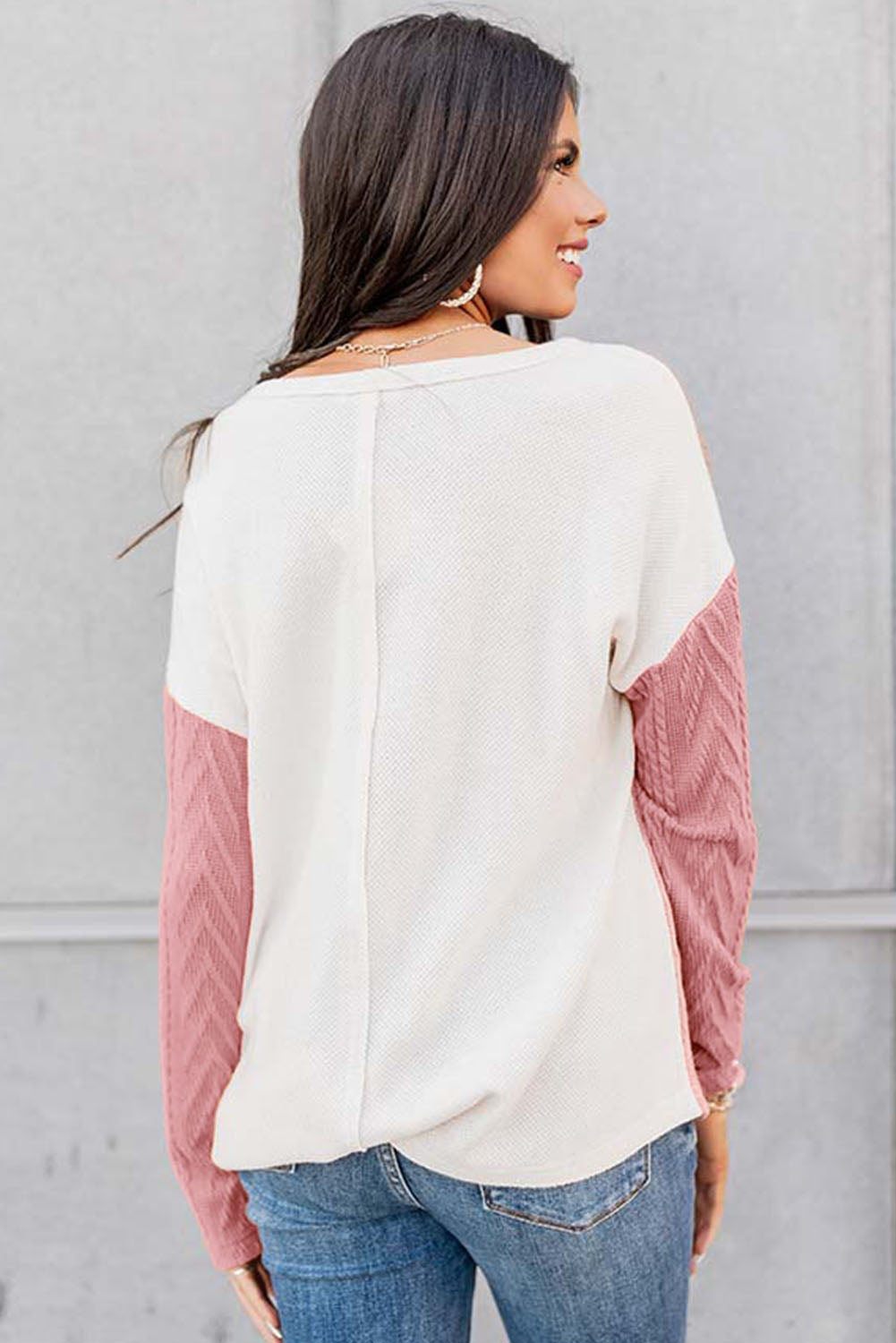 Long Sleeve Colorblock Chest Pocket Textured Knit Top