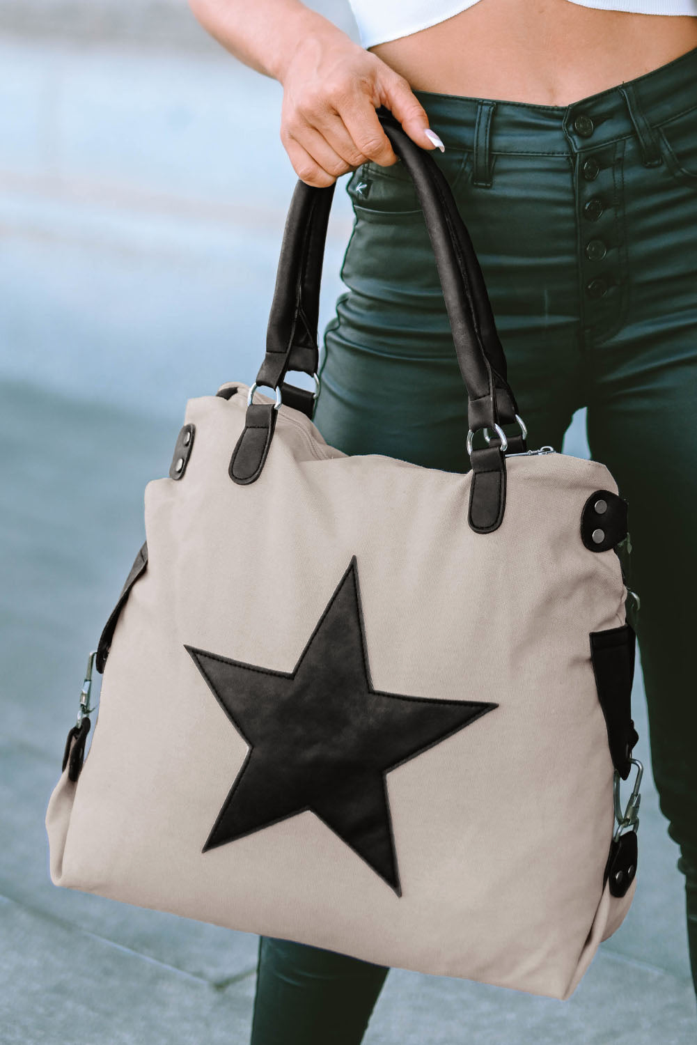 Beige Star Canvas Tote Bag