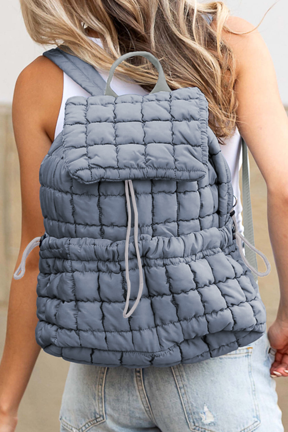 Medium Grey Solid Flapped Quilted Puffer Backpack