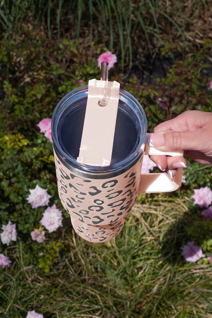 Taza de vaso con aislamiento doble, acero inoxidable, manchado de leopardo, rosa 304, con asa