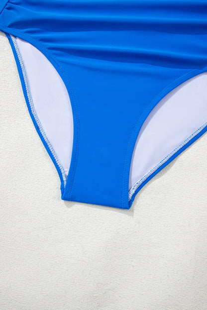 Blue Colorblock Square Neck Top Pleated High Waisted Bikini