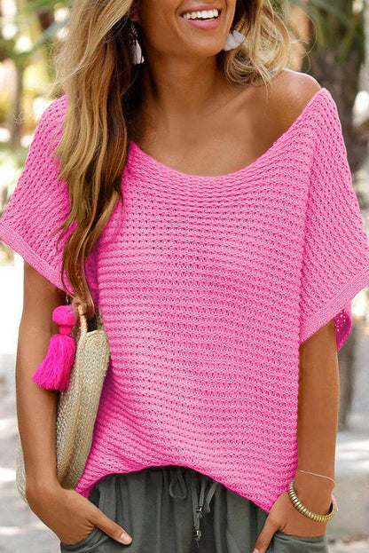 Pink Plain Knit Loose Batwing Sleeve Blouse