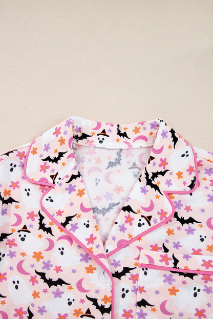 Pink Halloween Eve Haunted Honey Bat Print Pajama Set