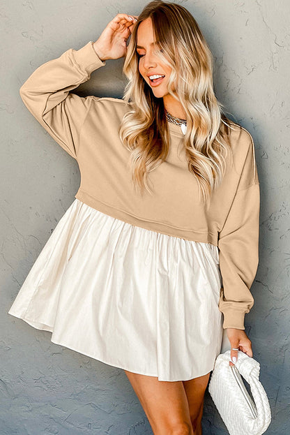 Khaki Sweatshirt 2-in-1 Flowy Pleated Mini Dress