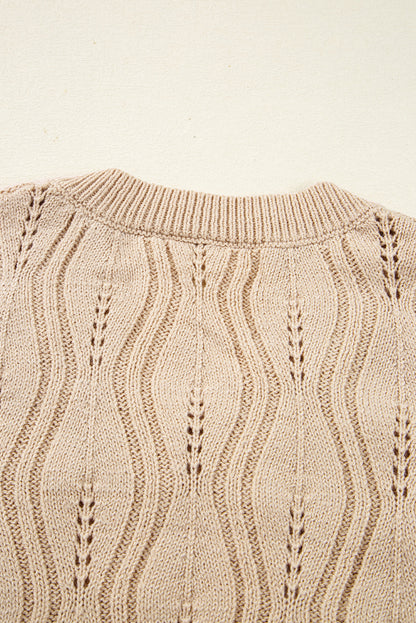 Smoke Gray Pearl Beaded Pointelle Knit V Neck Lace Patchwork Sleeve Sweater